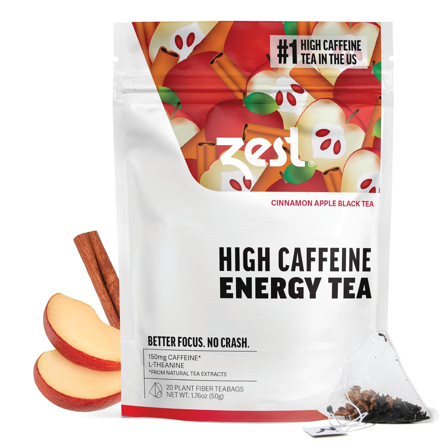 Zest Energy Tea Cinnamon Apple Spice High Caffeine Black Tea Bags Hot or Iced 20 Teabag Pack - Image 2