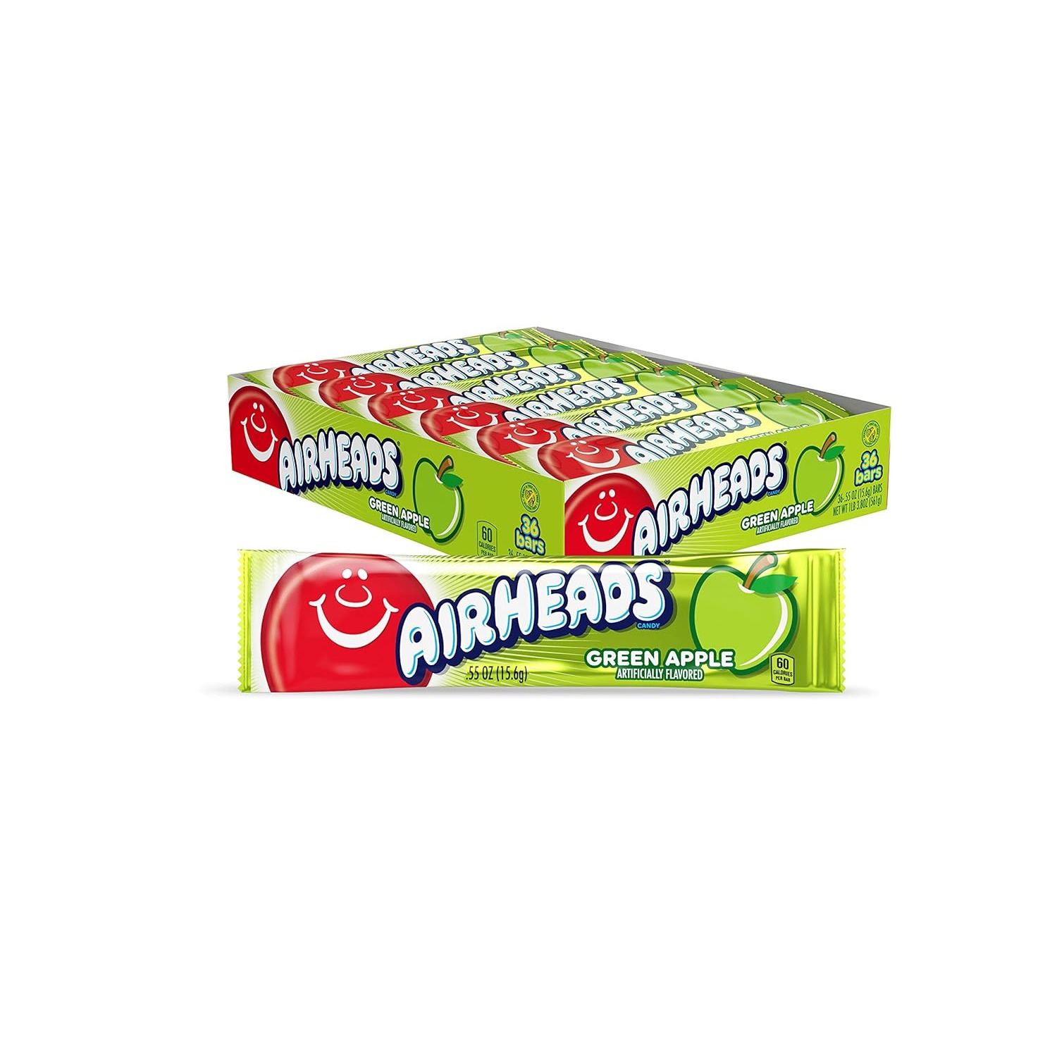 Airheads Candy, Green Apple Flavor, Individually Wrapped Full Size Bars, 0.55 Oz Each, Pack of 36 - Image 2