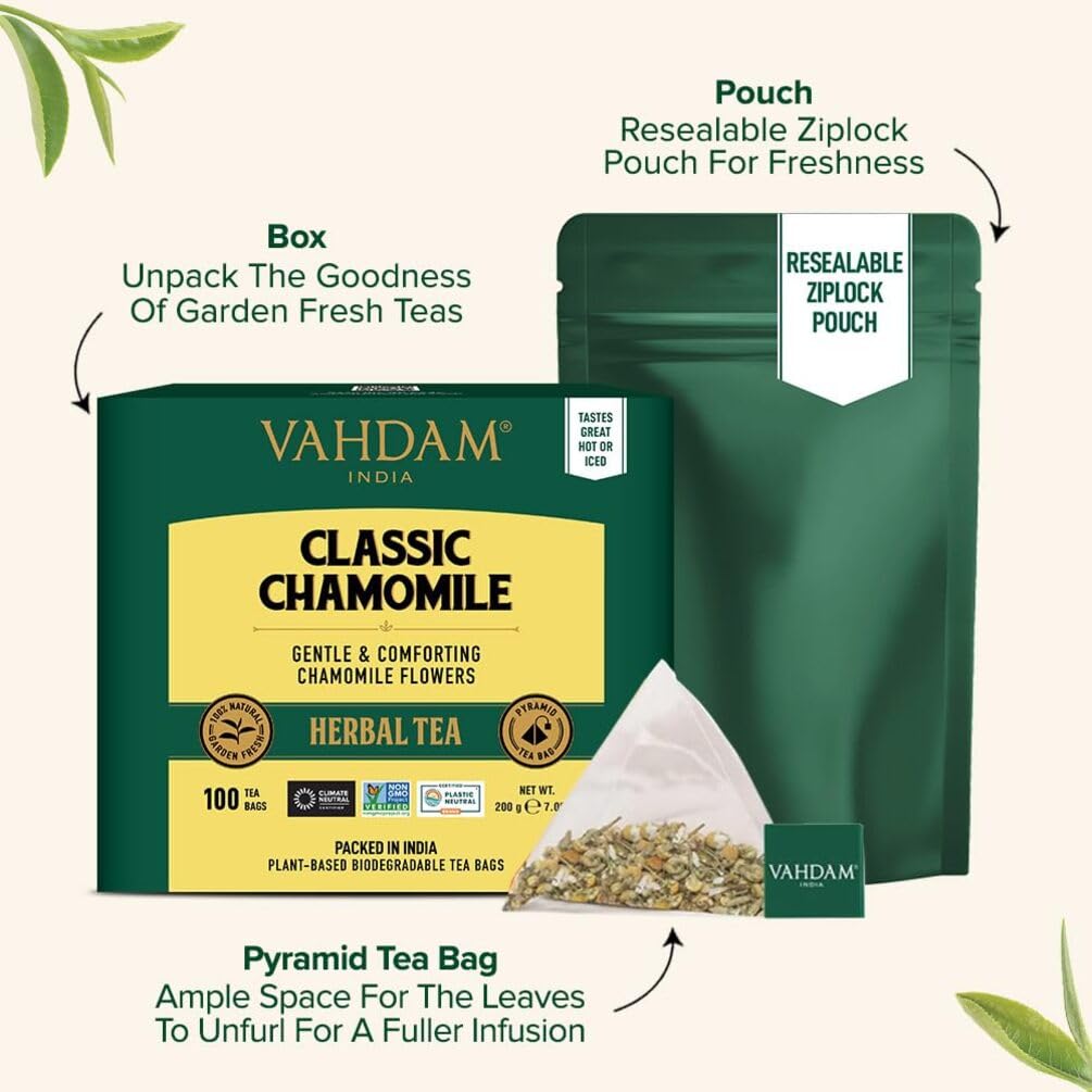 VAHDAM Chamomile Herbal Tea 100 Pyramid Tea Bags Caffeine Free Made With Natural Chamomile Flowers - Image 5
