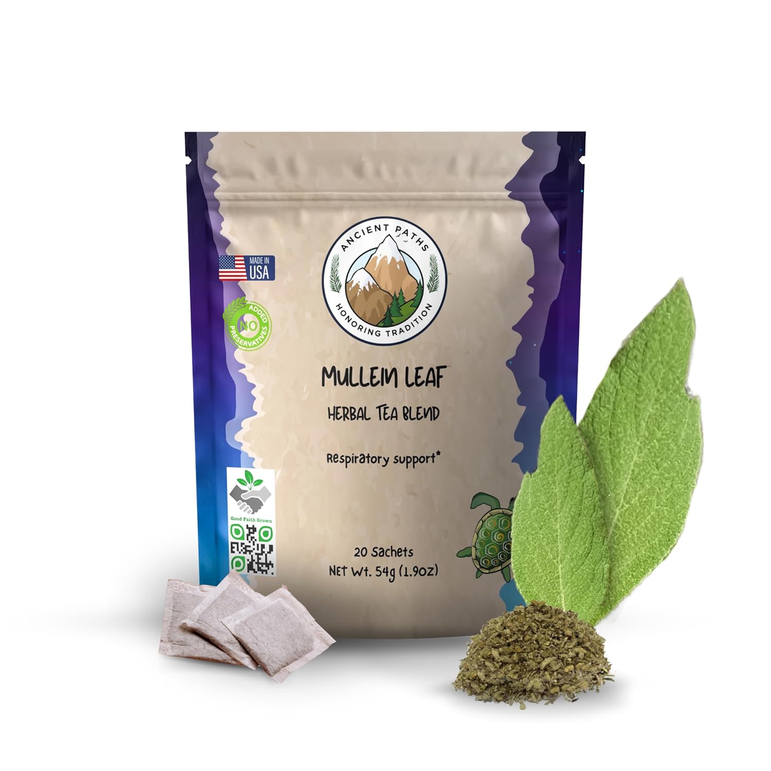 Ancient Paths Mullein Herbal Tea Blend Respiratory Support & Immunity Caffeine Free 20 Sachets