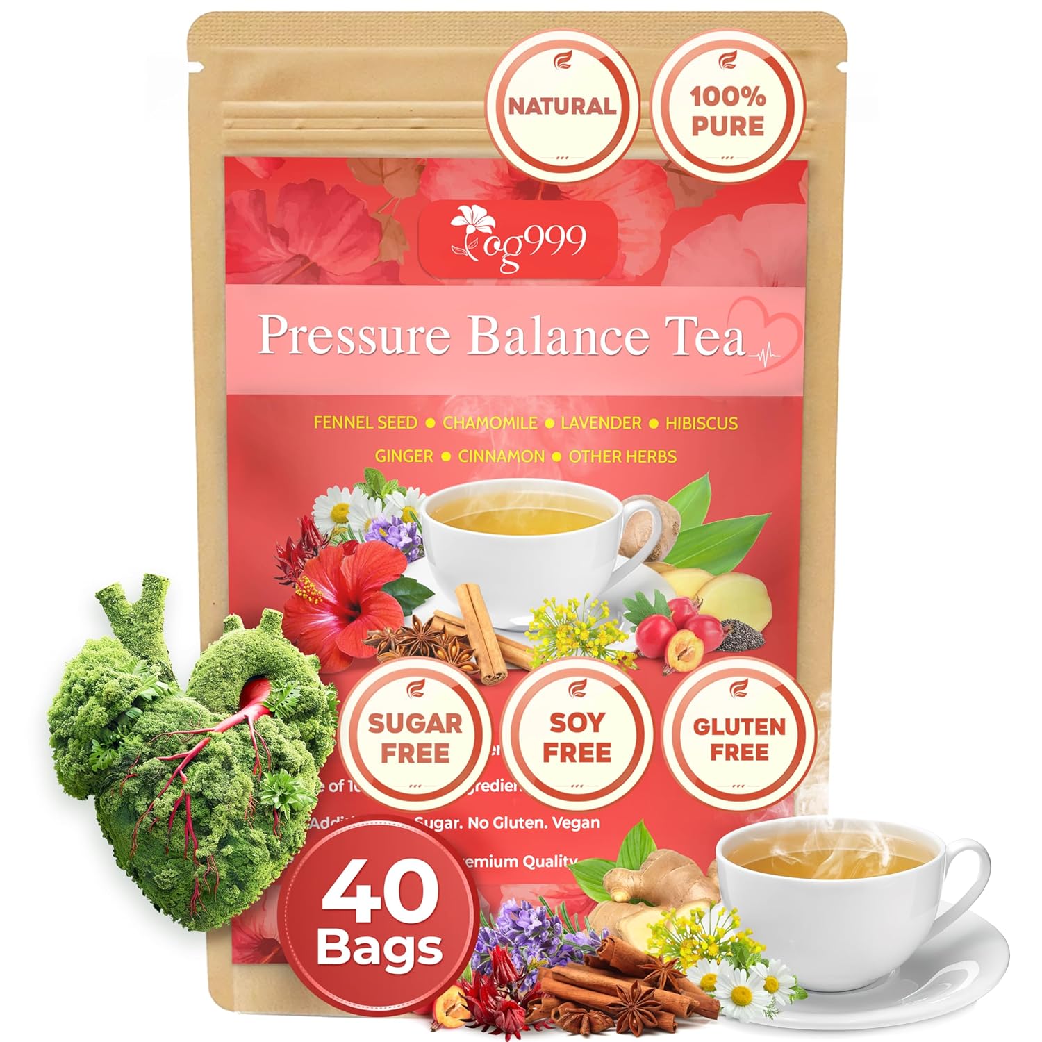 Upgraded Pressure Balance Herbal Tea 40 Tea Bags 3.5 oz Heart Functional Tea Blend of 9 Natural Herbs - Image 2