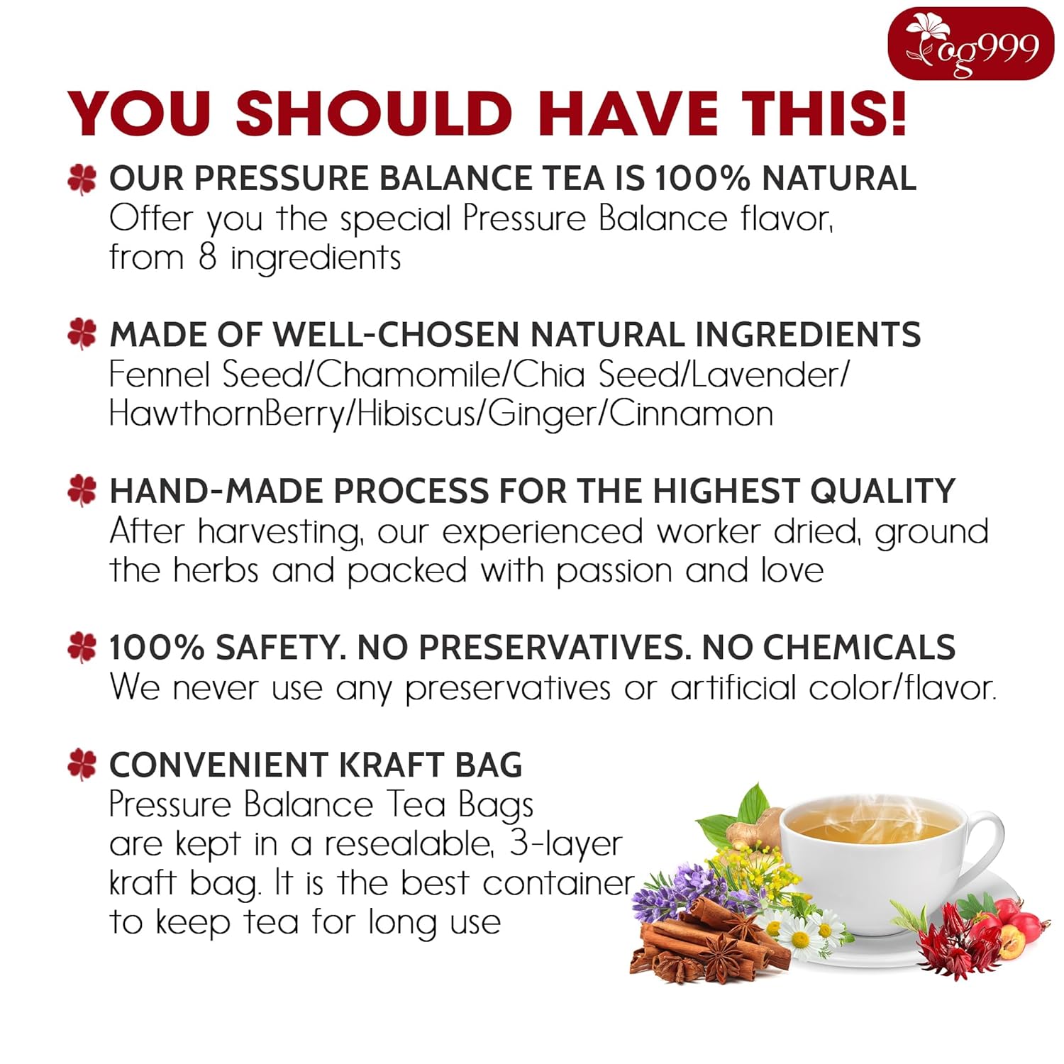 Upgraded Pressure Balance Herbal Tea 40 Tea Bags 3.5 oz Heart Functional Tea Blend of 9 Natural Herbs - Image 4